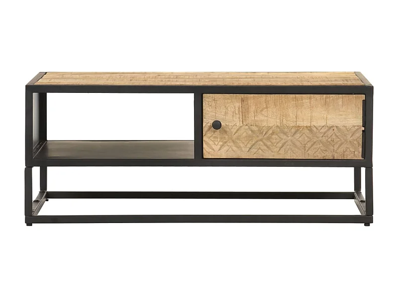 Couchtisch-Beistelltisch-Sofatisch mit Geschnitzter Tür 90x55x36 cm Raues Mangoholz SHL48240