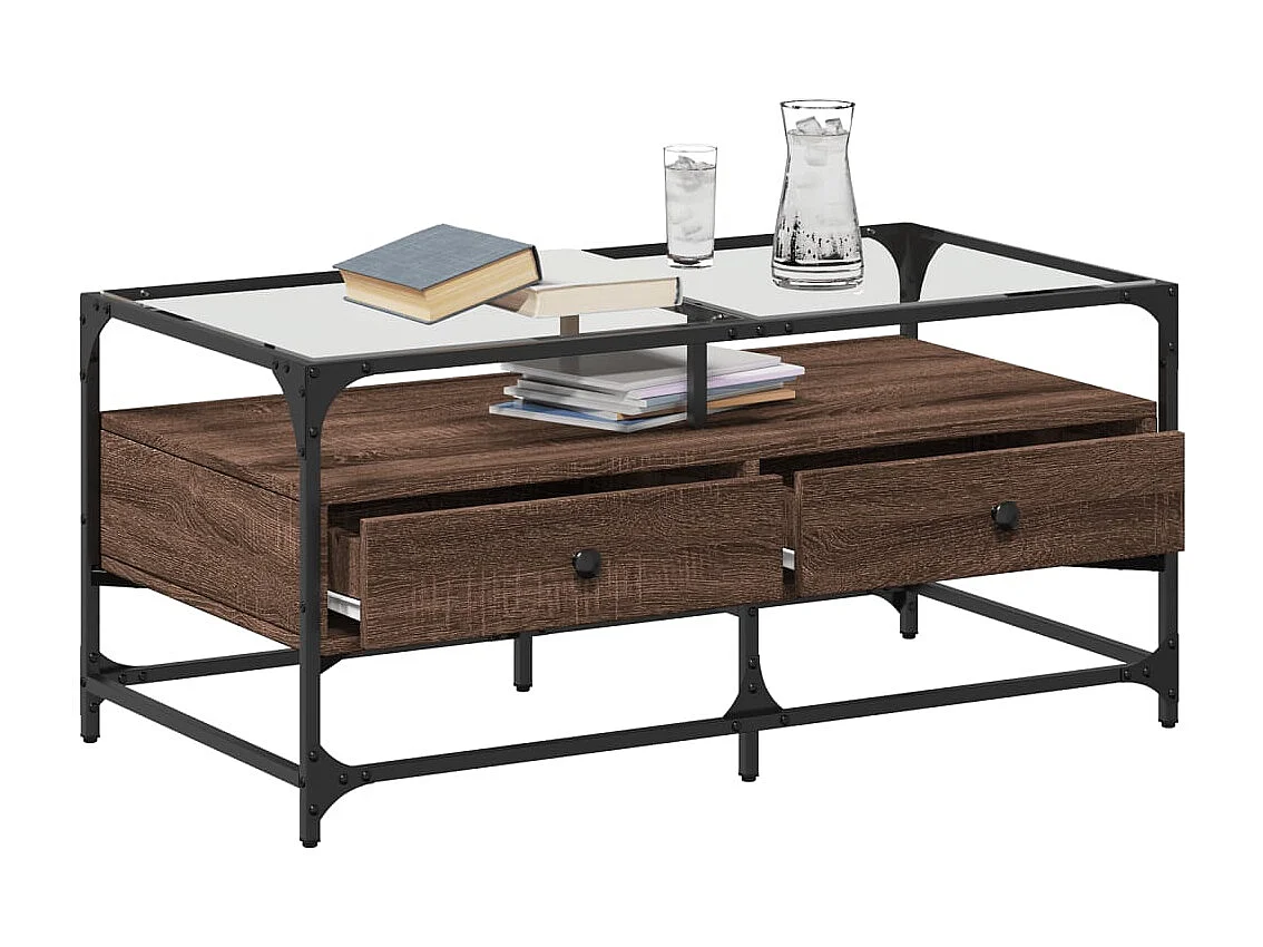 Couchtisch mit Glasplatte Braun Eichen-Optik 98,5x50x45cm Stahl SHL83049
