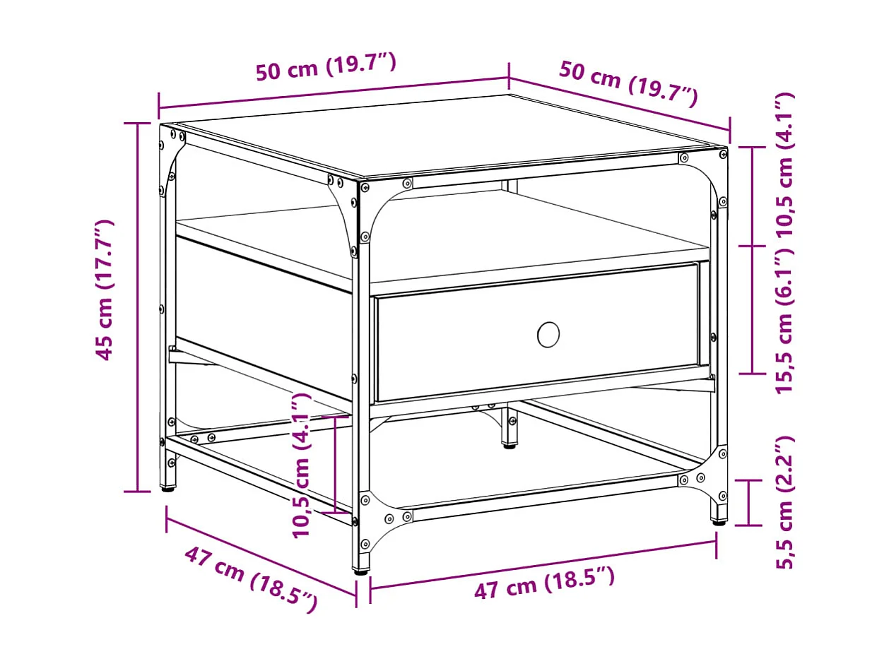 Couchtisch mit Glasplatte Braun Eichen-Optik 50x50x45 cm Stahl SHL68790