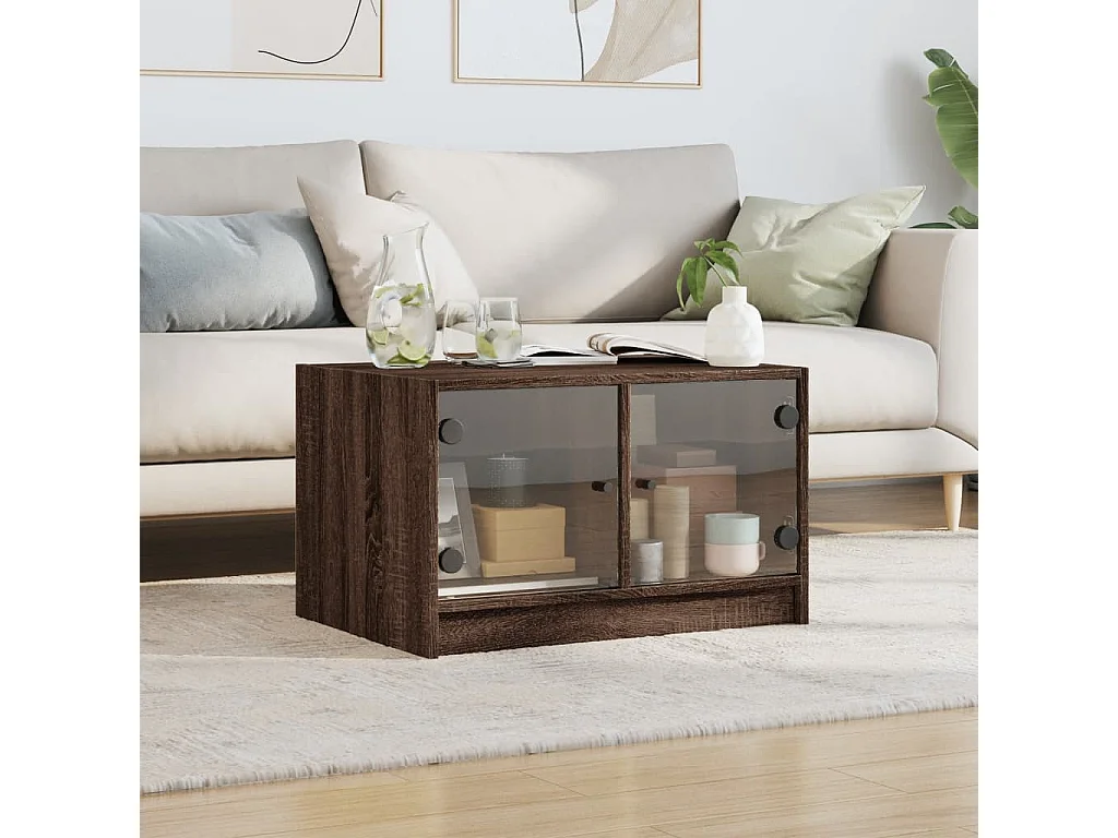 Couchtisch-Wohnzimmertisch-Beistelltische mit Glastüren Braun Eichen-Optik 68x50x42 cm SHL58141