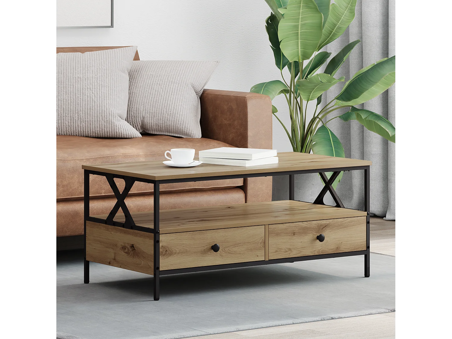 Couchtisch-Wohnzimmertisch-Beistelltische Eiche handwerklich 100x51x45 cm Holzwerkstoff SHL62916