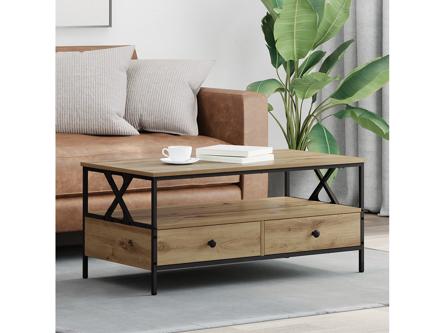 Salontafel | Bijzettafel | Koffietafel with Drawer artisanaal eikenkleurig 100 x 51 x 45 cm