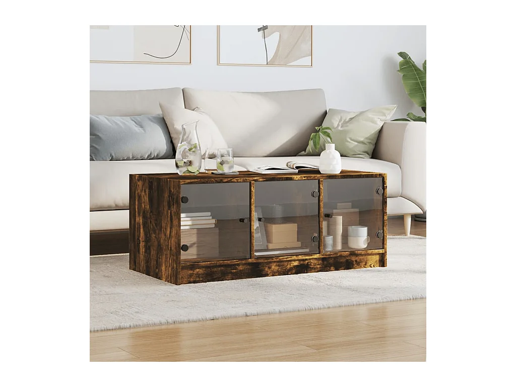 Table basse salon-Table à thé avec rangement-portes en verre-chêne fumé 102x50x42 cm SHL37483