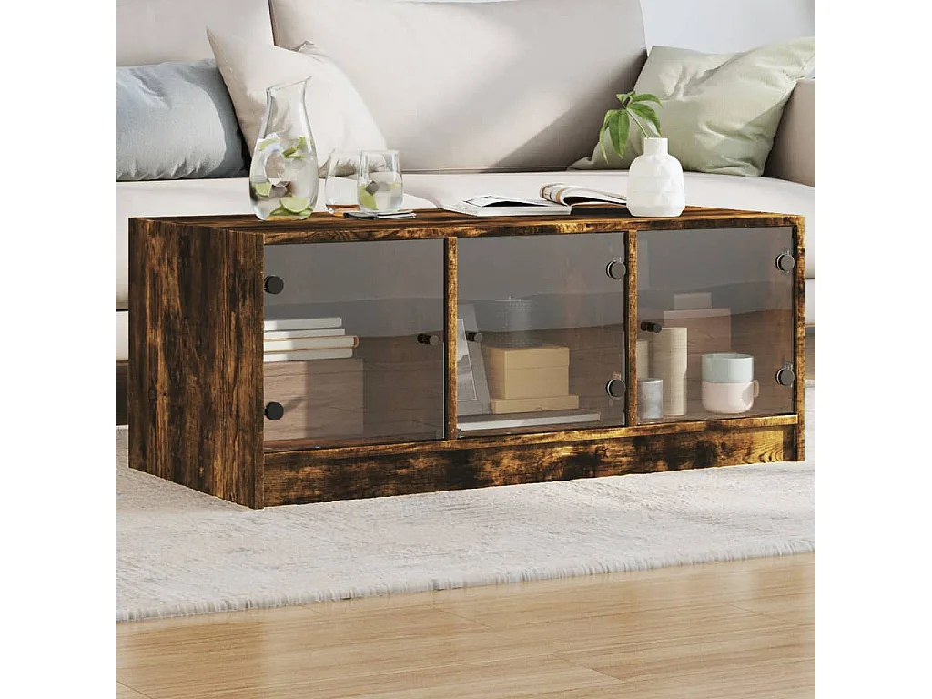 Couchtisch-Wohnzimmertisch-Beistelltische mit Glastüren Räuchereiche 102x50x42 cm SHL50411
