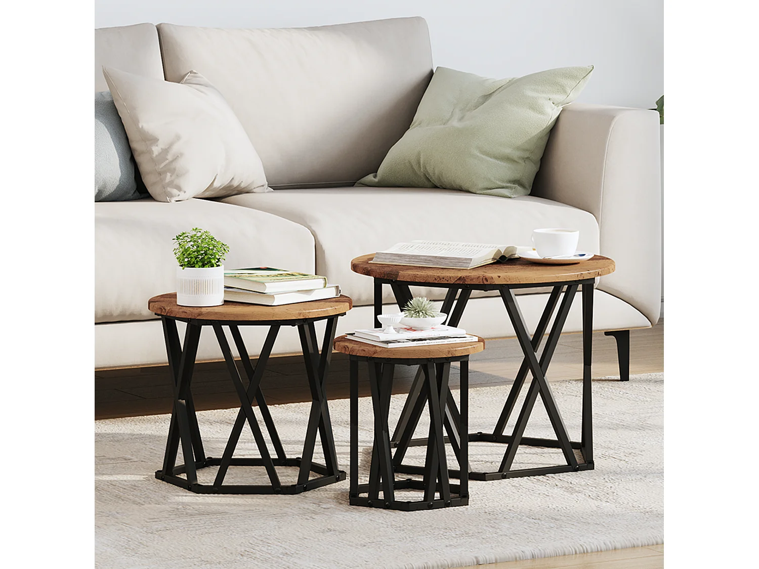 Tables d'appoint empilables 3 pièces en bois recyclé et stratifié SHL87690