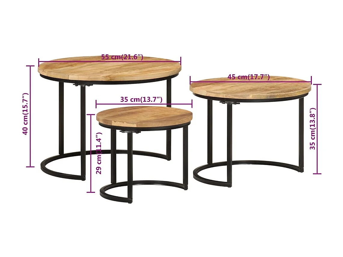 Couchtisch 3er Set-Satztische-Sofatisch Raues Massivholz Mango SHL57593
