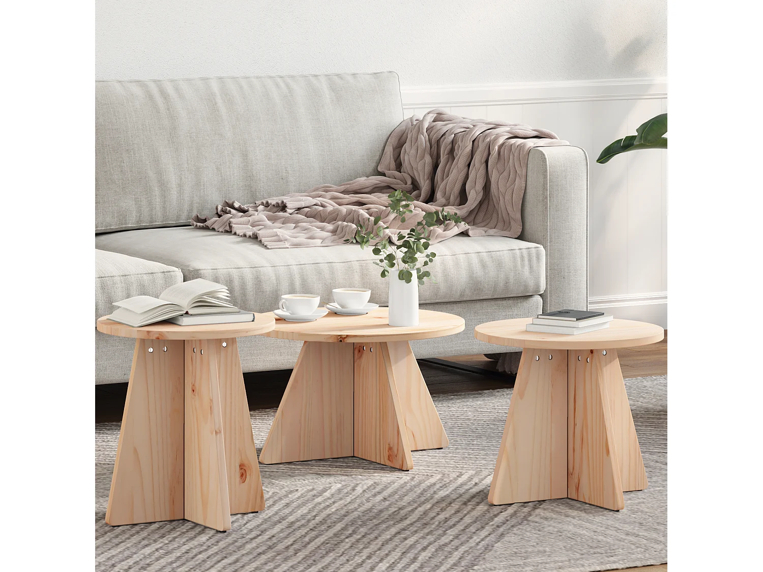 Salontafel Set van 3 | Woonkamertafel | Bijzettafel Naturel 49 x 49 x 30 cm Massief grenenhout