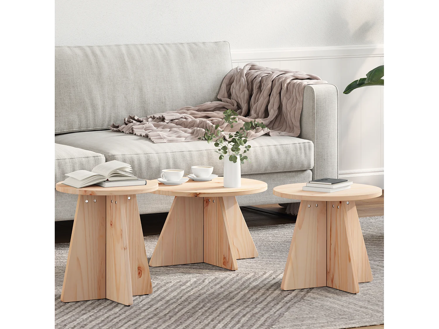 Salontafel Set van 3 | Woonkamertafel | Bijzettafel Naturel 49 x 49 x 30 cm Massief grenenhout