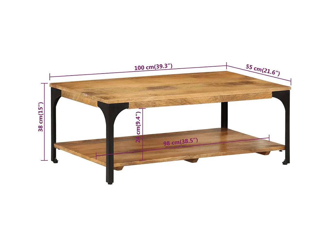 Mesa de centro | Mesa de apoio | Mesa de café 2 prateleiras 100x55x38cm mangueira maciça e aço