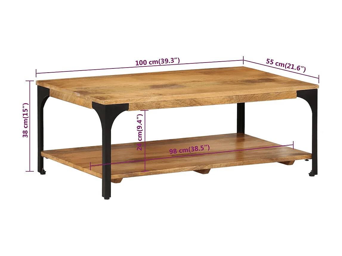 Couchtisch-Sofatisch-Beistelltische mit Ablage 100x55x38 cm Massivholz Mango und Stahl SHL86632