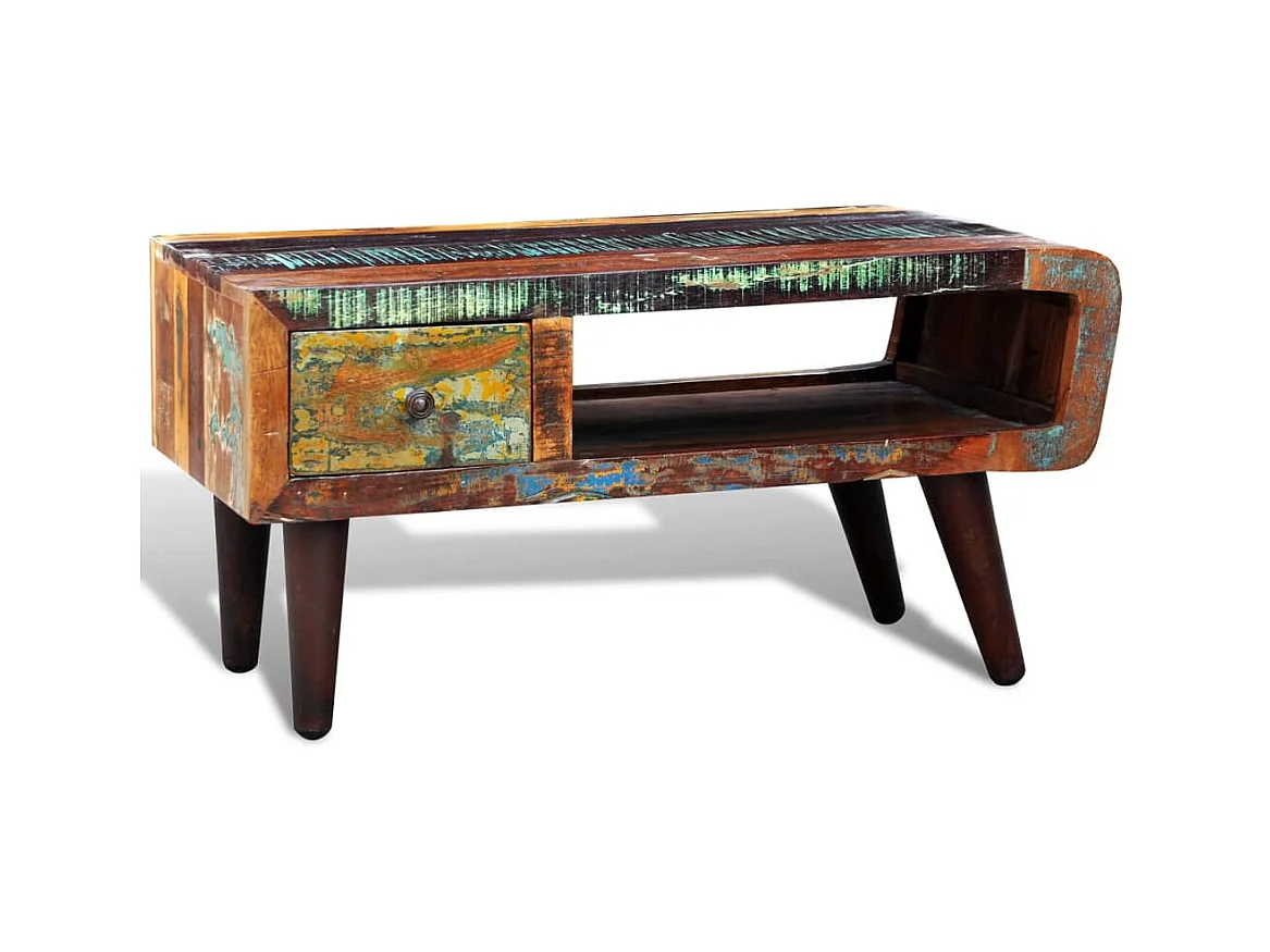 Table basse salon avec bord incurvé 1xtiroir-vintage-Bois de récupération 90x45x45cm SHL96588