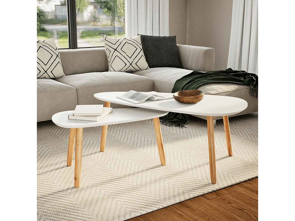 Couchtisch 2er Set-Beistelltisch Massivholz Kiefer Weiß SHL90393