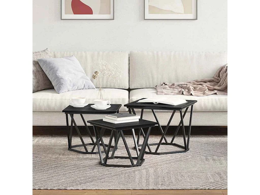 Couchtisch 3er Set-Sofatisch-Beistelltisch Schwarz Eichen-Optik Ingenieure Holz und Stahl SHL74389