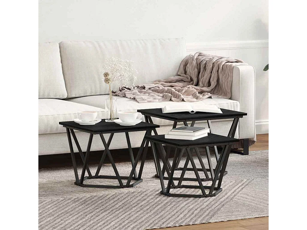 Couchtisch 3er Set-Sofatisch-Beistelltisch Schwarz Eichen-Optik Ingenieure Holz und Stahl SHL74389