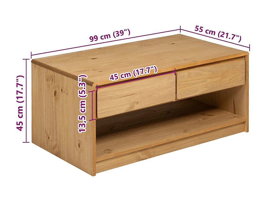 Couchtisch-Sofatisch-Beistelltische SAUDA Eiche-Optik 99x55x45 cm Massivholz Kiefer SHL71919