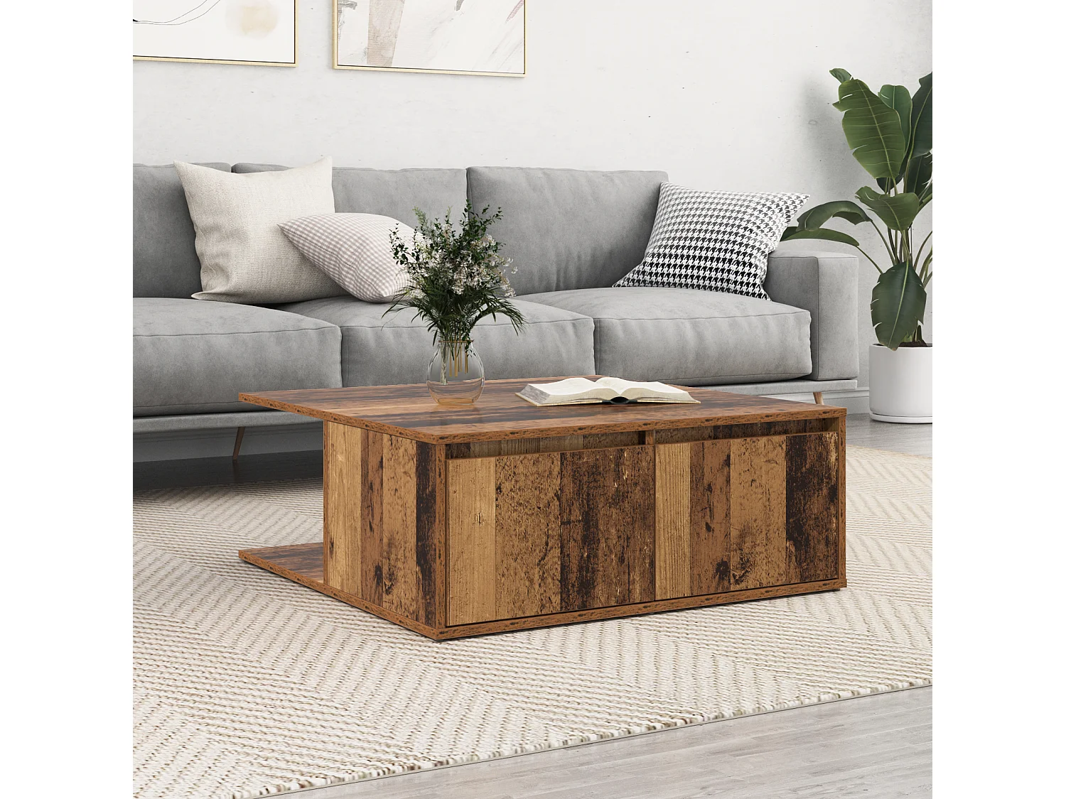 Salontafel | Bijzettafel met lade Oud hout 80 x 80 x 31 cm Bewerkt hout
