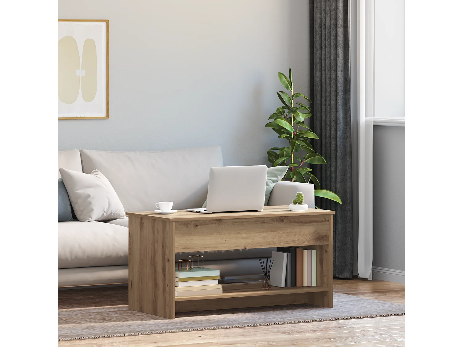 Table basse salon-Table d'appoint avec étagère avec stockage chêne artisanal 102x50x52.5 cm SHL30215