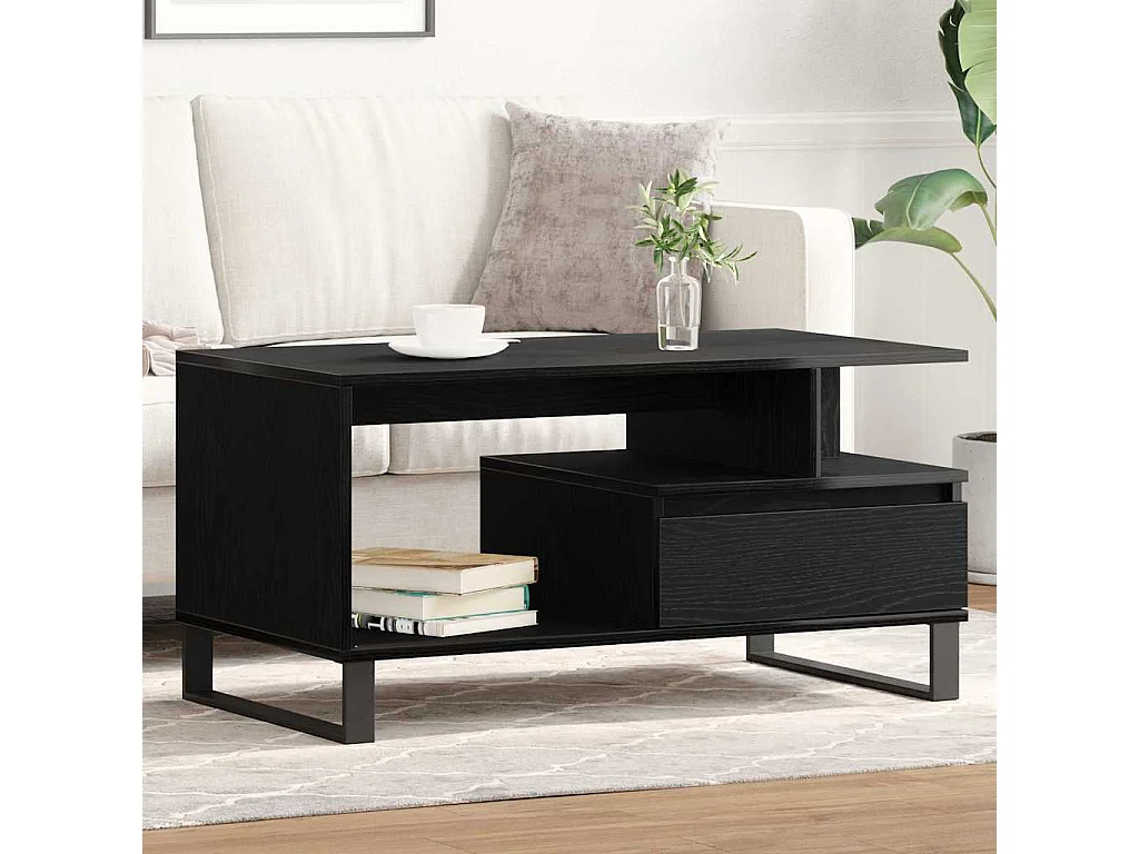 Tavolino da Salotto-Tavolino da Caffè Laterale con cassetto Rovere Nero 90x49x45 cm SHL58061