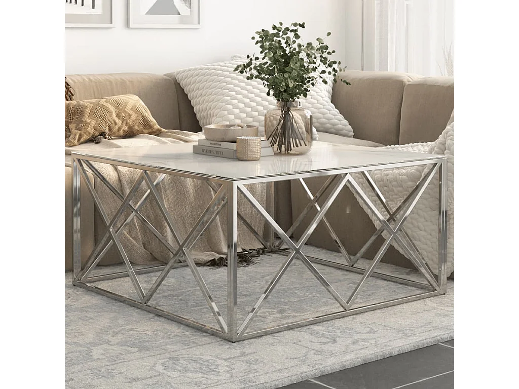 Table basse salon-Table d'appoint argenté acier inoxydable et verre trempé SHL41810