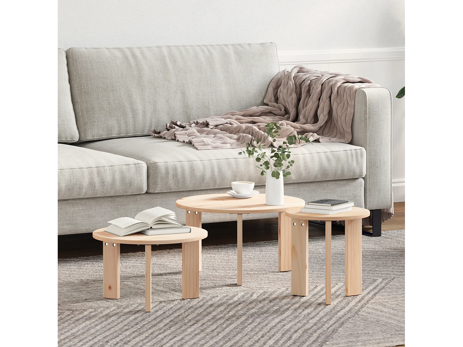 Salontafel Set van 3 | Woonkamertafel | Bijzettafel Naturel 47.5 x 47.5 x 27 cm Massief grenenhout