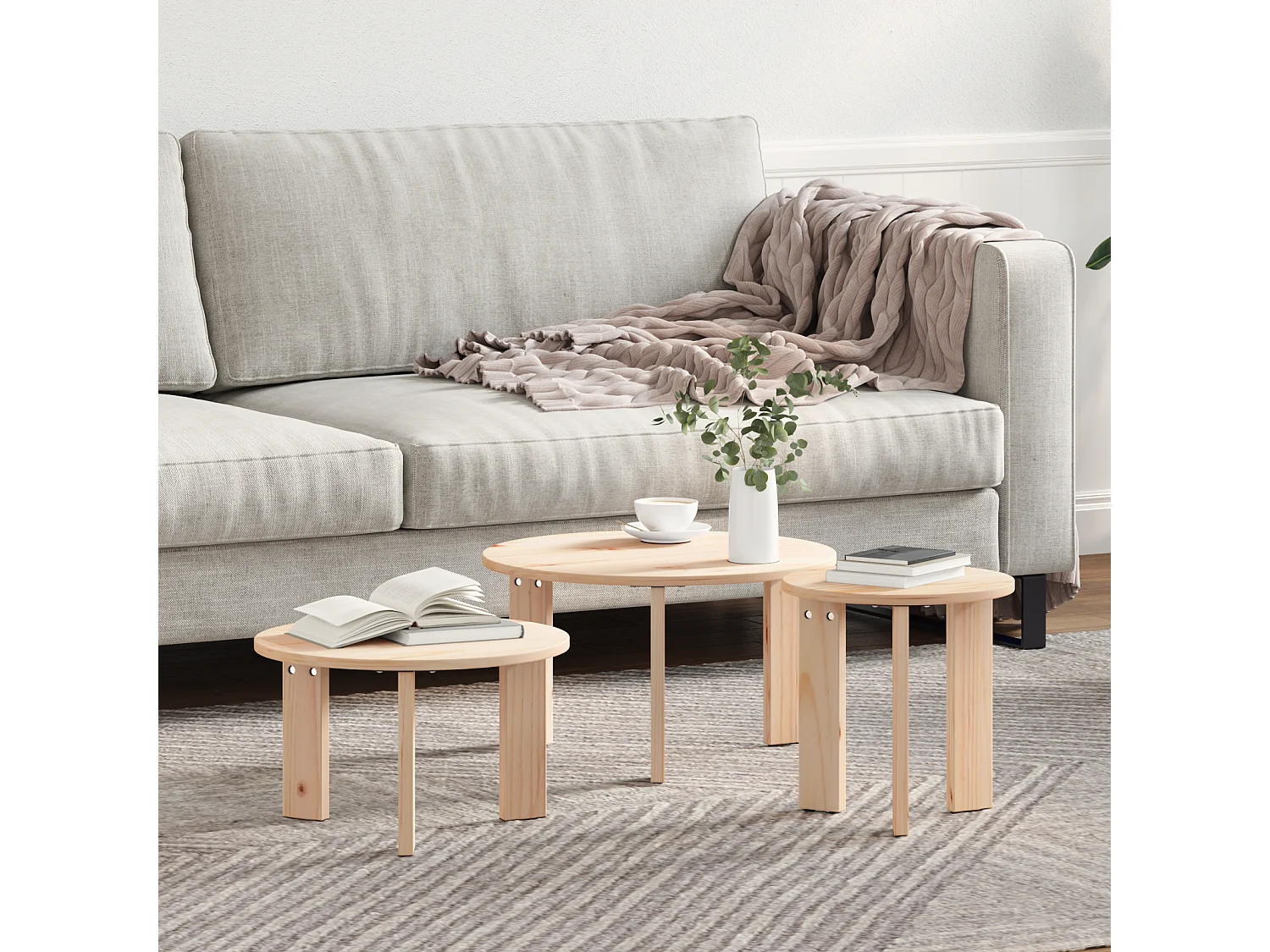 Salontafel Set van 3 | Woonkamertafel | Bijzettafel Naturel 47.5 x 47.5 x 27 cm Massief grenenhout