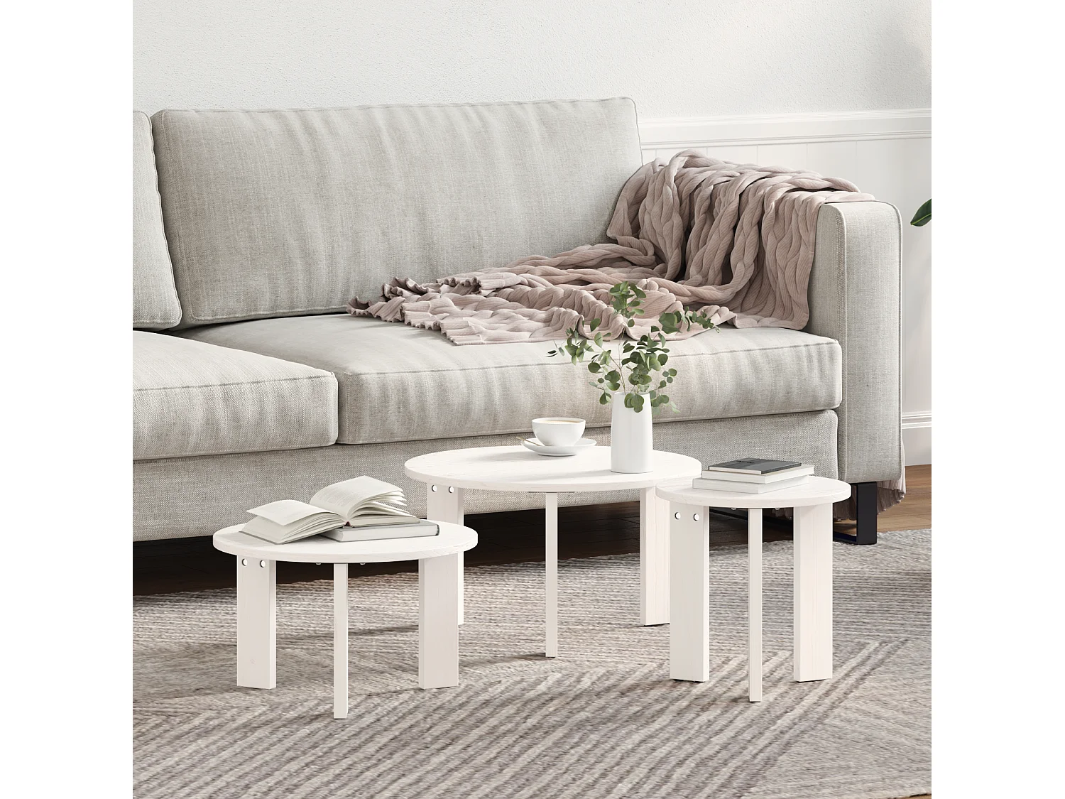 Couchtisch-Beistelltische 3er Set Weiß Massivholz Kiefer SHL60114