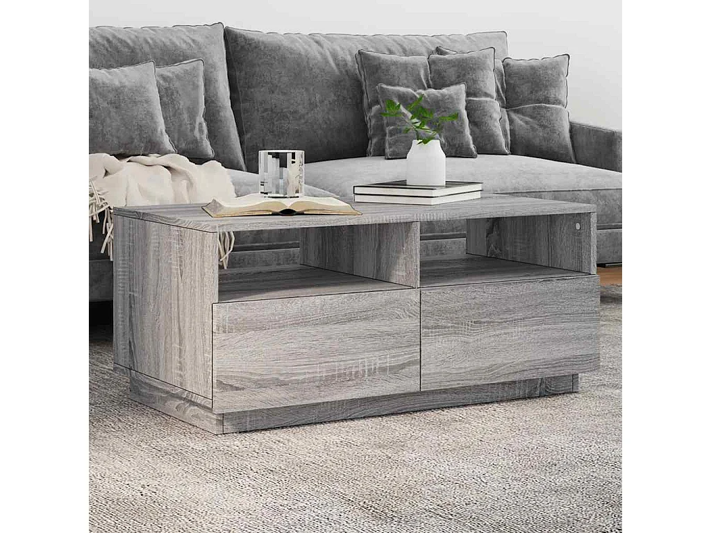 Mesa de centro | Mesa de apoio com luzes LED 90x49x40 cm cinzento sonoma