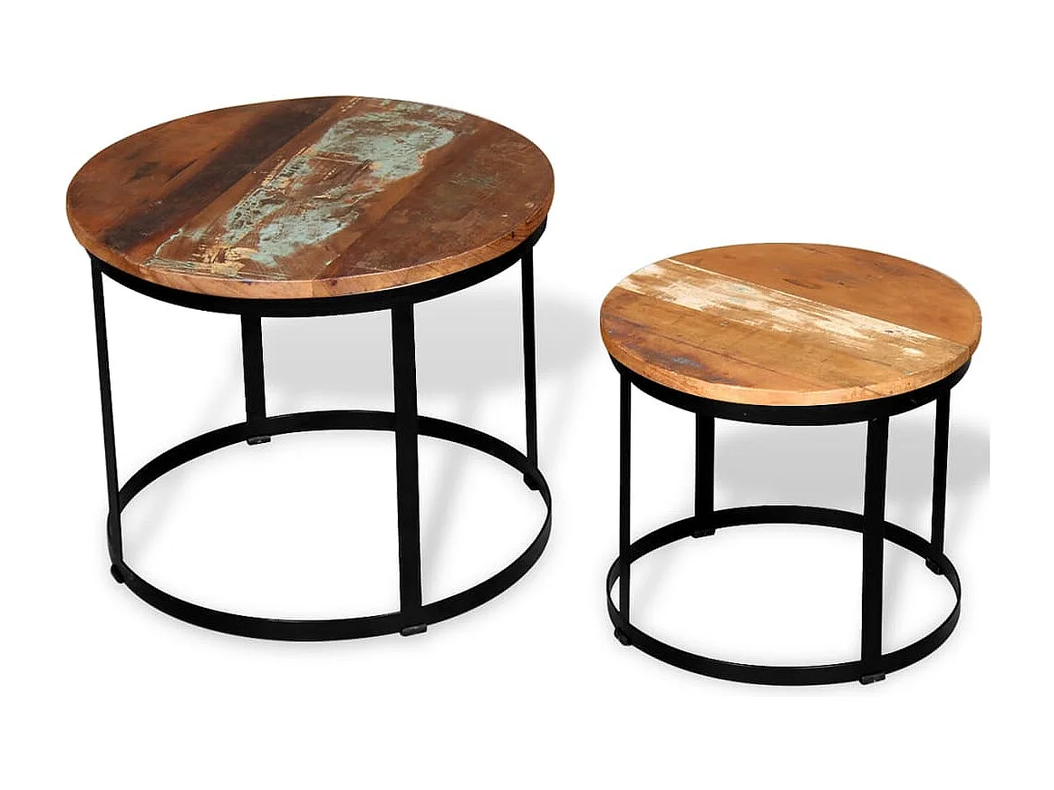 Couchtisch 2er Set-Beistelltisch Altholz Massiv Rund 40cm/50cm SHL4885