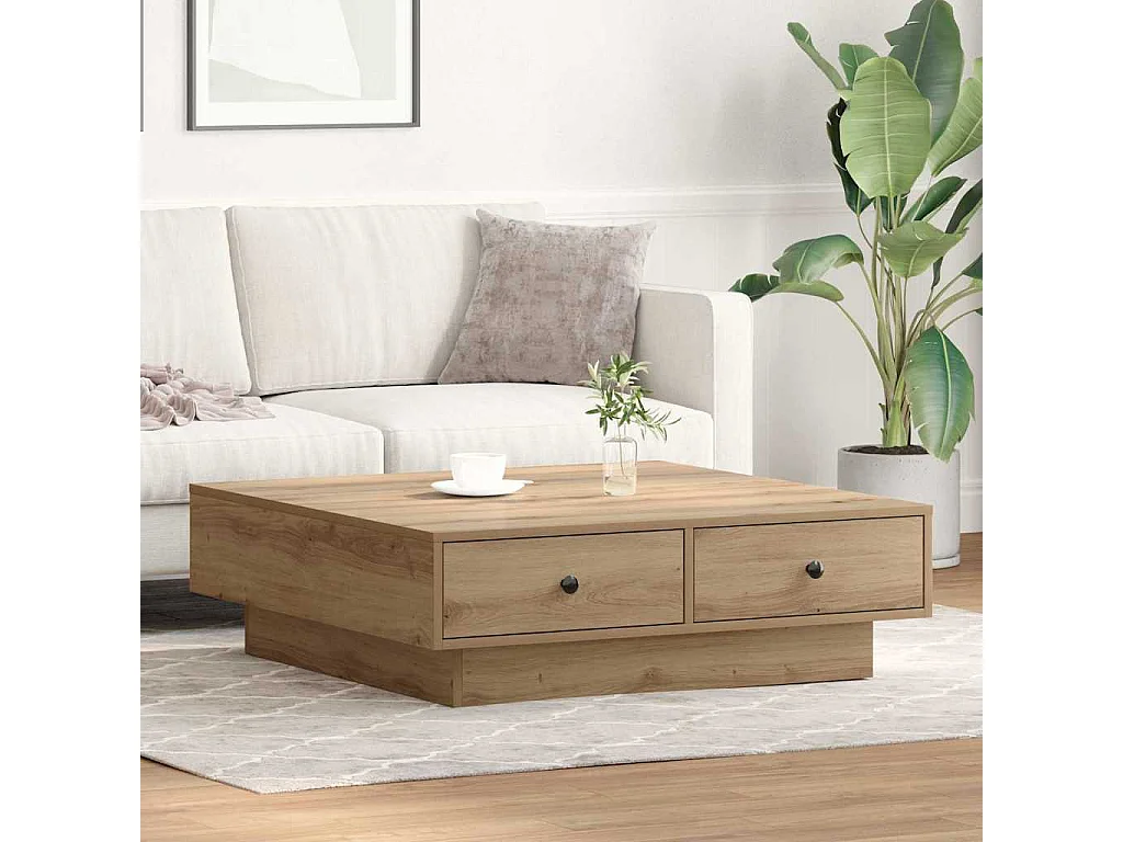 Salontafel | Woonkamertafel | Koffietafel artisanaal eikenkleurig 90 x 90 x 28 cm Bewerkt hout
