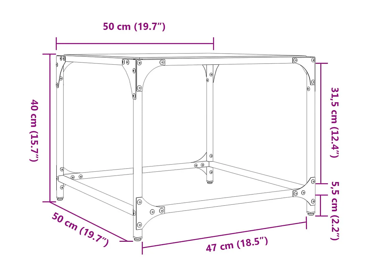 2 pcs Mesas de centro | Mesa de apoio | Mesa de café c/ topo em vidro preto 50x50x40 cm aço