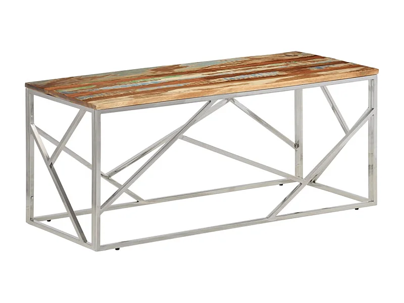 Table basse salon-Table d'appoint argenté inox et bois de récupération massif SHL56186