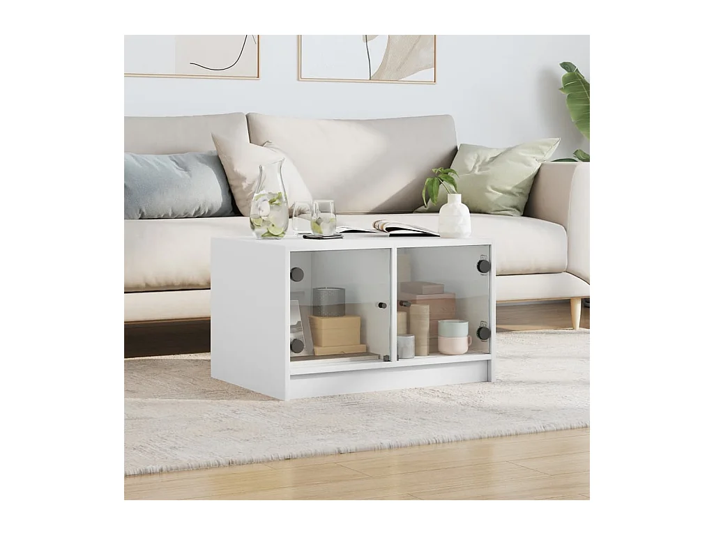 Table basse salon-Table d'appoint avec portes en verre blanc 68x50x42 cm SHL22158