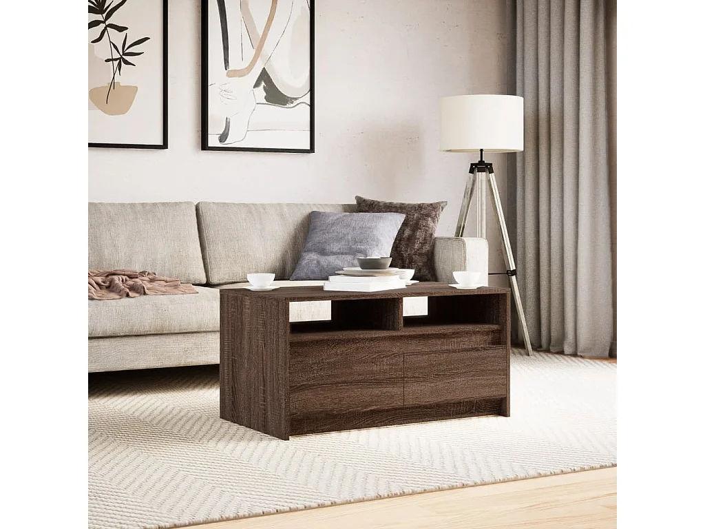 Mesa de centro | Mesa de apoio c/ luzes LED derivados madeira carvalho castanho