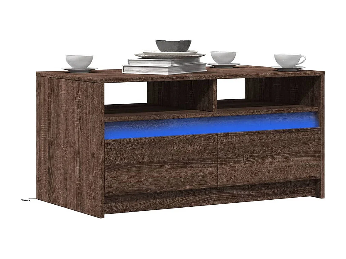 Mesa de centro | Mesa de apoio c/ luzes LED derivados madeira carvalho castanho