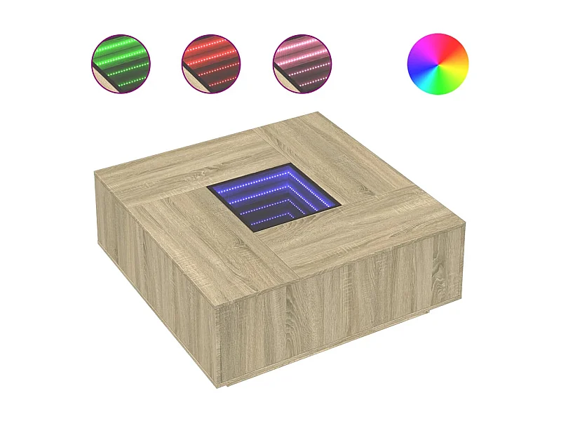 Couchtisch-Wohnzimmertisch-Beistelltische mit Infinity-LED Sonoma-Eiche 100x100x40 cm SHL64682