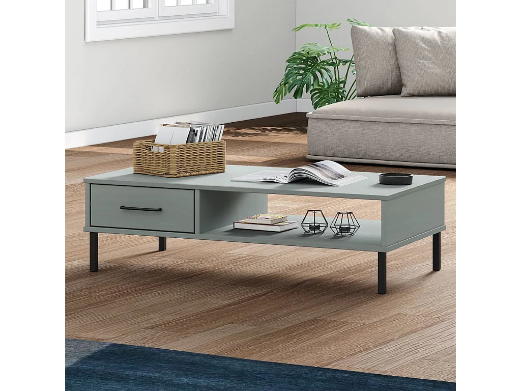 Couchtisch-Sofatisch-Beistelltische OSLO mit Metallbeinen Grau Massivholz Kiefer SHL9608