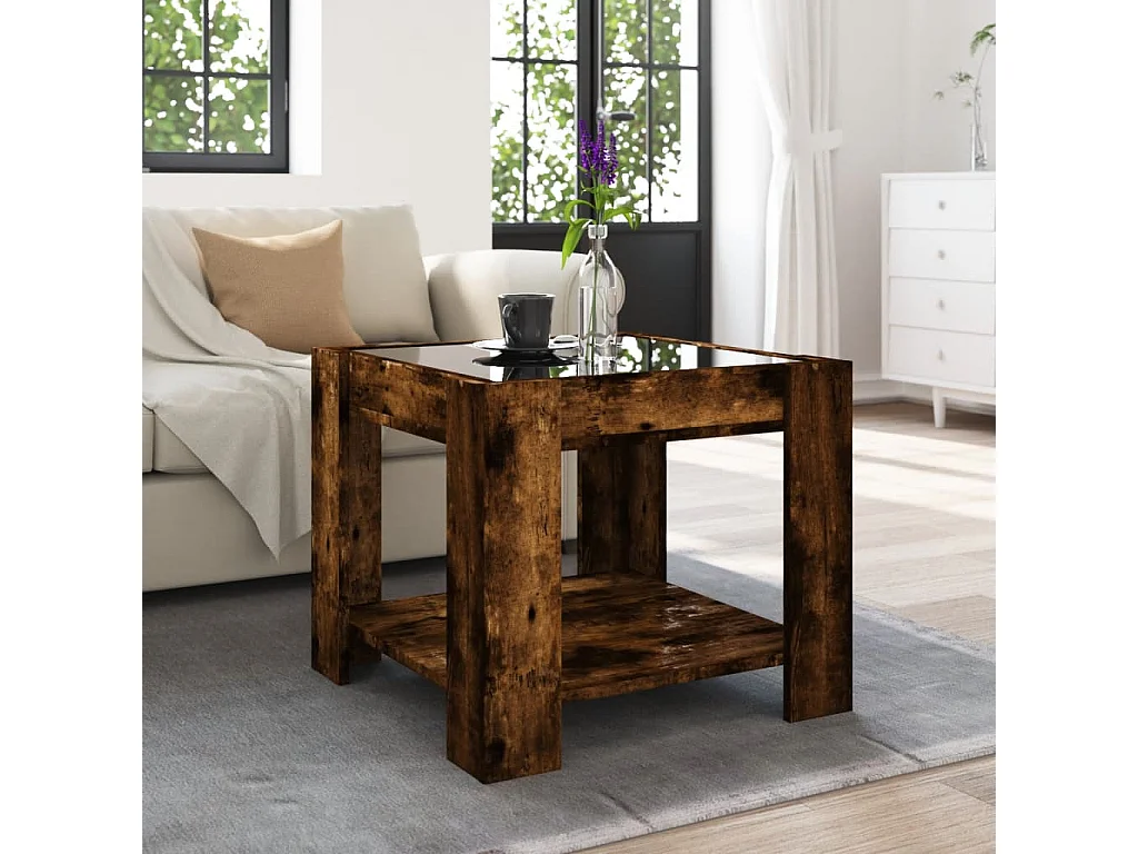 Salontafel | Bijzettafel met LED 53x53x45 cm bewerkt hout gerookt eikenkleur