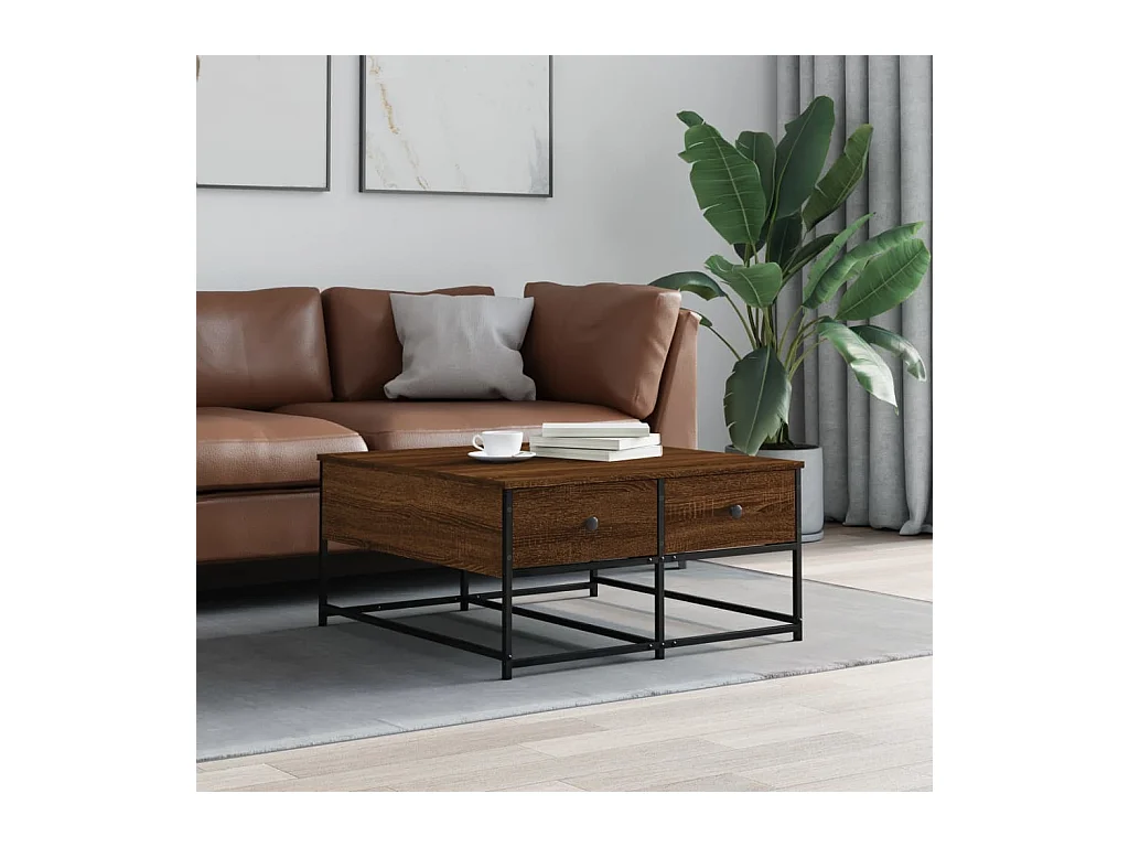 Mesa de centro-Mesa auxiliar con patas de metal 2 uds roble Sonoma 50x50x40cm SHL344