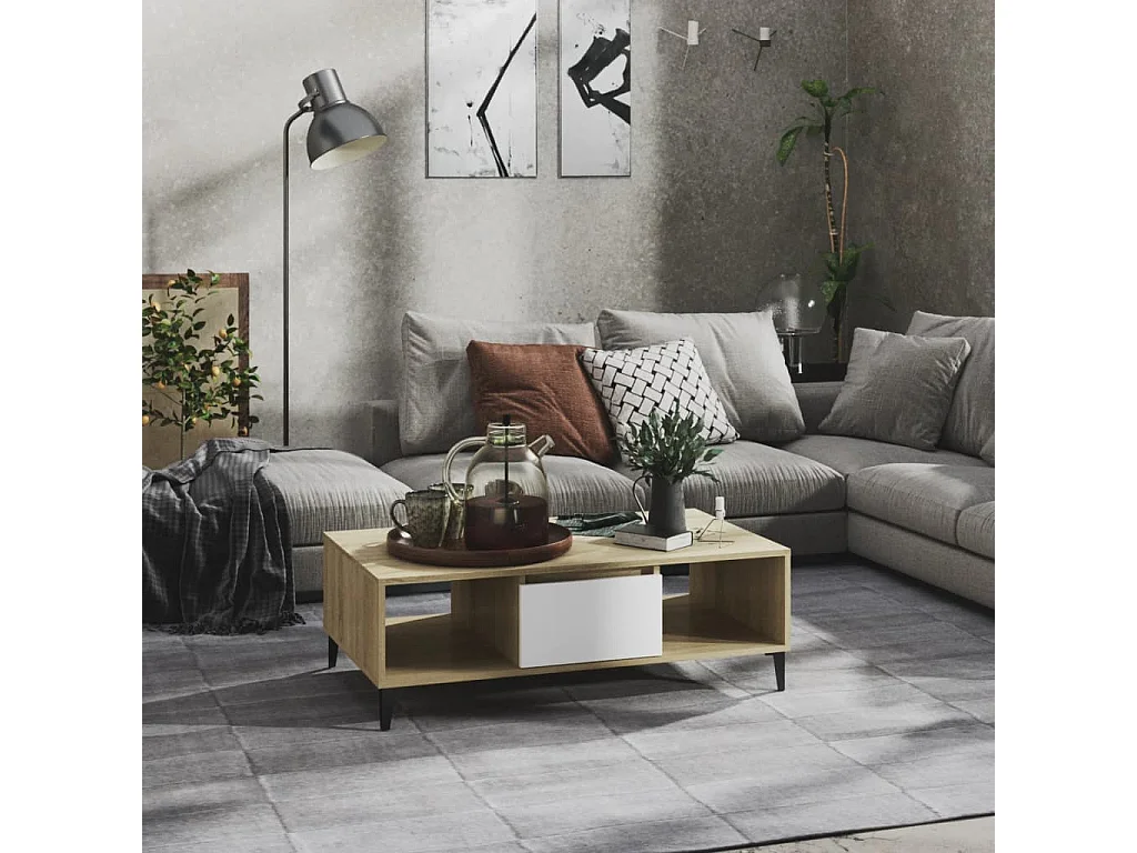 Couchtisch-Sofatisch-Beistelltische Weiß und Sonoma-Eiche 103,5x60x35 cm Holzwerkstoff SHL90324