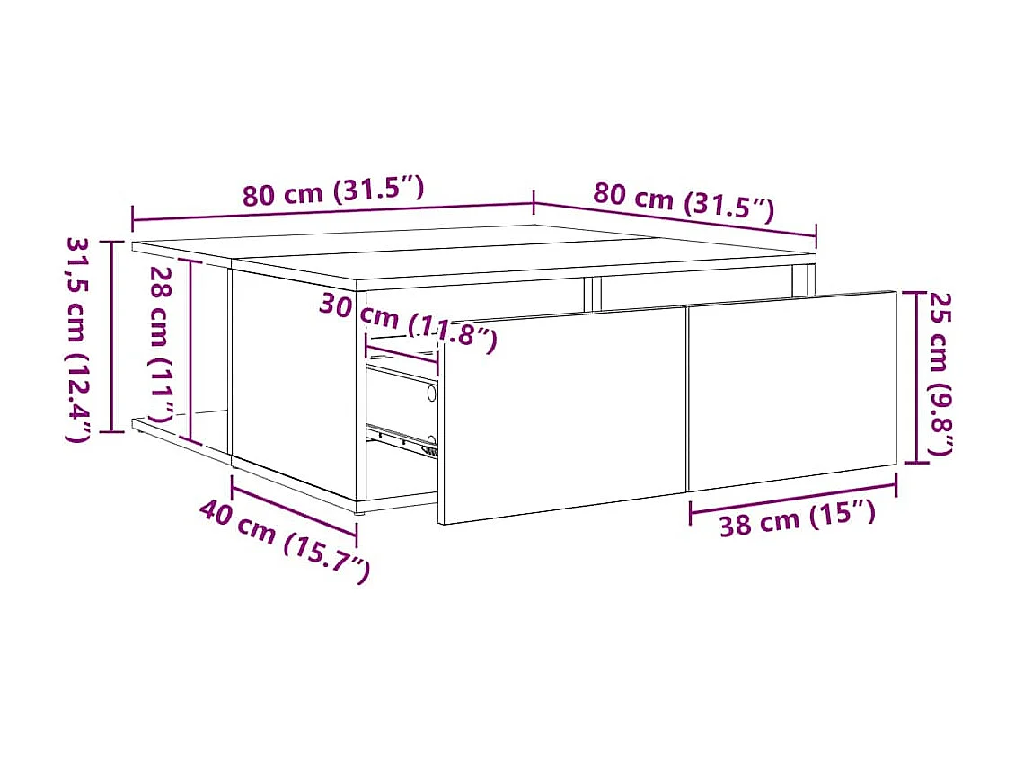 Salontafel | Woonkamertafel | Koffietafel artisanaal eikenkleurig 80 x 80 x 31 cm Bewerkt hout