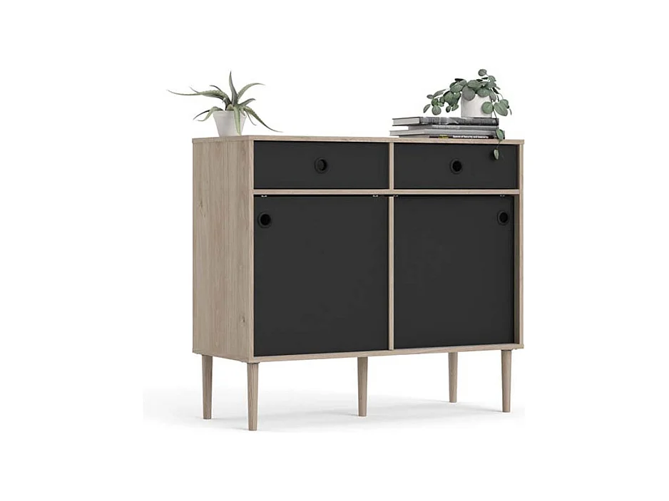 Penny Buffet, 2 portes coulissantes et 2 tiroirs, imitation chêne Hickory, noir mat.