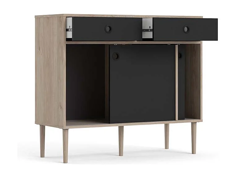 Penny Buffet, 2 portes coulissantes et 2 tiroirs, imitation chêne Hickory, noir mat.