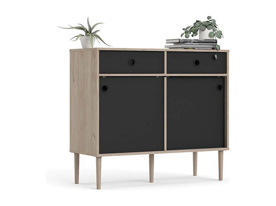 Penny Buffet, 2 portes coulissantes et 2 tiroirs, imitation chêne Hickory, noir mat.