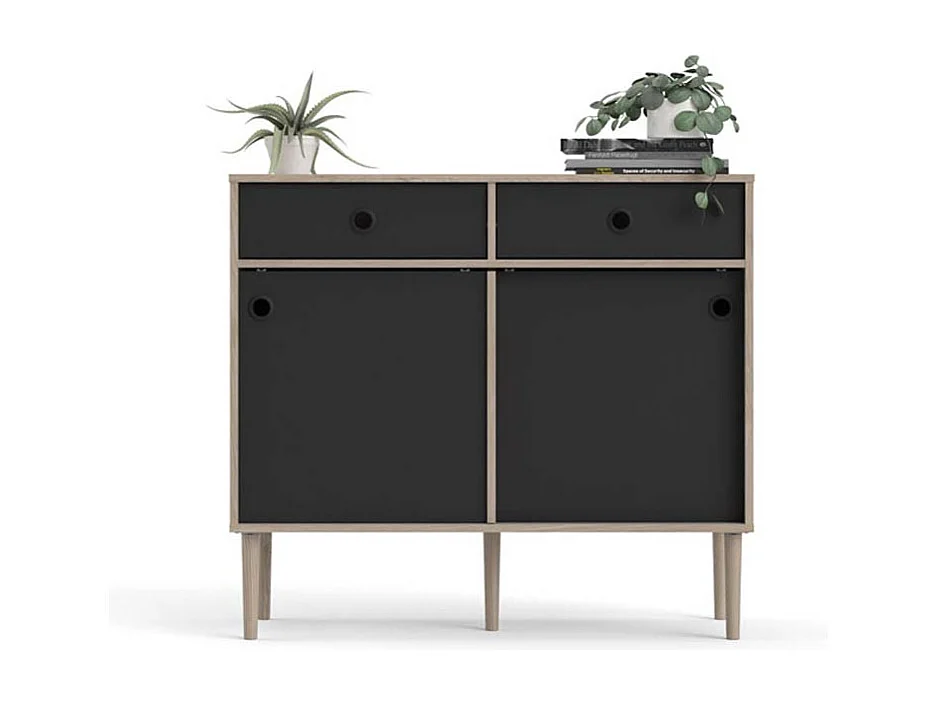 Penny Buffet, 2 portes coulissantes et 2 tiroirs, imitation chêne Hickory, noir mat.