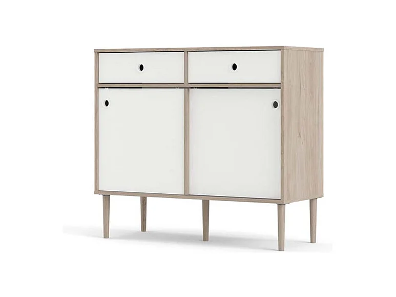 Penny Buffet, 2 portes coulissantes et 2 tiroirs, imitation chêne Hickory, blanc mat.