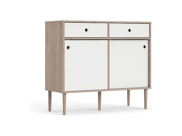 Penny Buffet, 2 portes coulissantes et 2 tiroirs, imitation chêne Hickory, blanc mat.