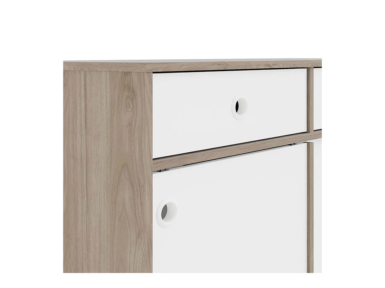 Penny Buffet, 2 portes coulissantes et 2 tiroirs, imitation chêne Hickory, blanc mat.