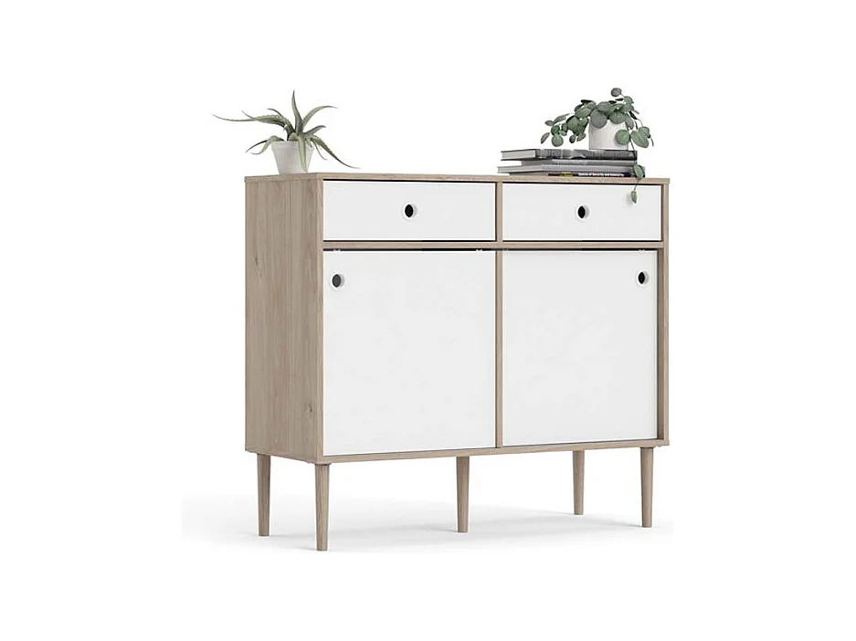 Penny Buffet, 2 portes coulissantes et 2 tiroirs, imitation chêne Hickory, blanc mat.