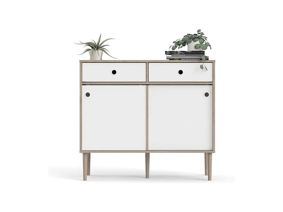 Penny Buffet, 2 portes coulissantes et 2 tiroirs, imitation chêne Hickory, blanc mat.