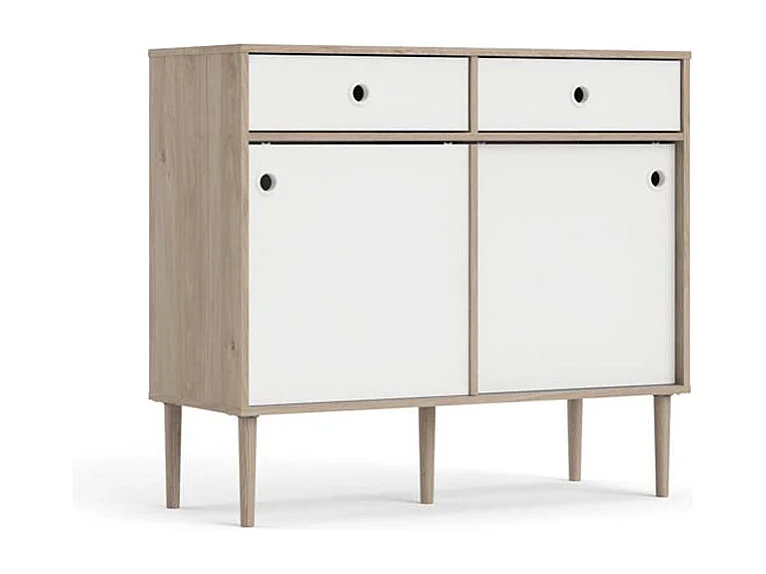 Penny Sideboard 2 Schiebetüren und 2 Schubladen Hickory-Dekor und Mattweiß.